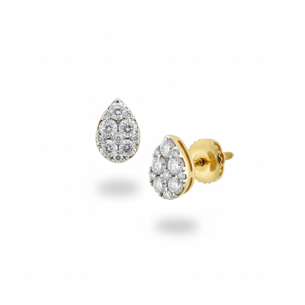 IGI Certified Yellow Gold Pear-Shaped Diamond Cluster Stud Earrings 18k