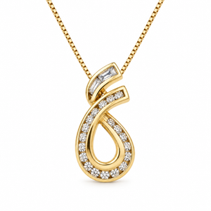 Vintage 18K Yellow Gold Diamond Swirl Teardrop Pendant Necklace 0.30ct - pendant close-up showing baguette and round channel-set diamonds