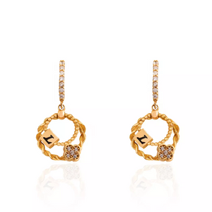 Yellow Gold Dangling Earring circle with two flowers ,18k 3.51gr