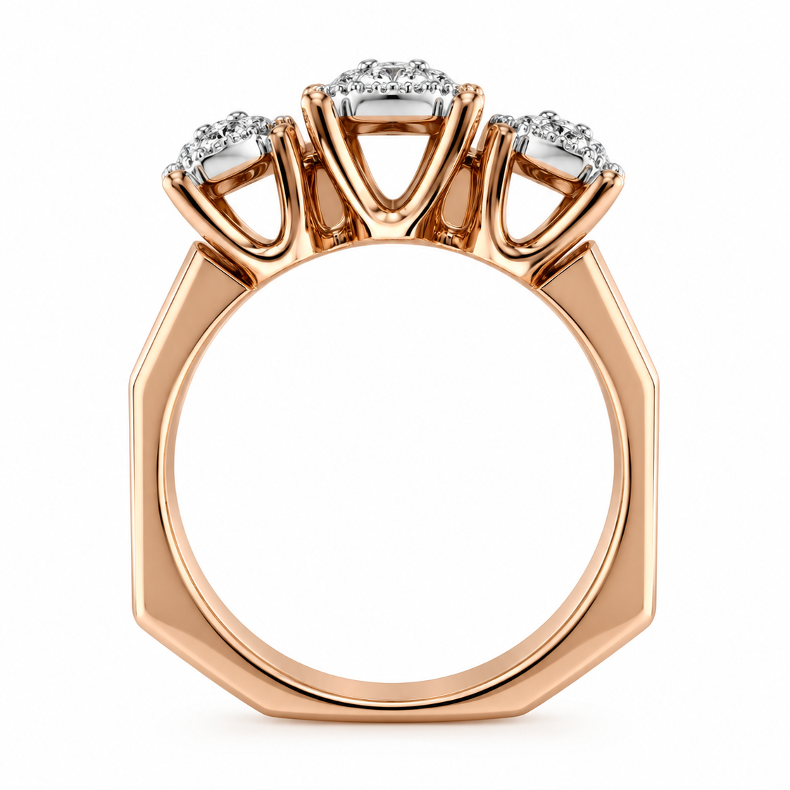 18K Rose Gold Two-Tone Three-Stone Oval Diamond Cluster Ring