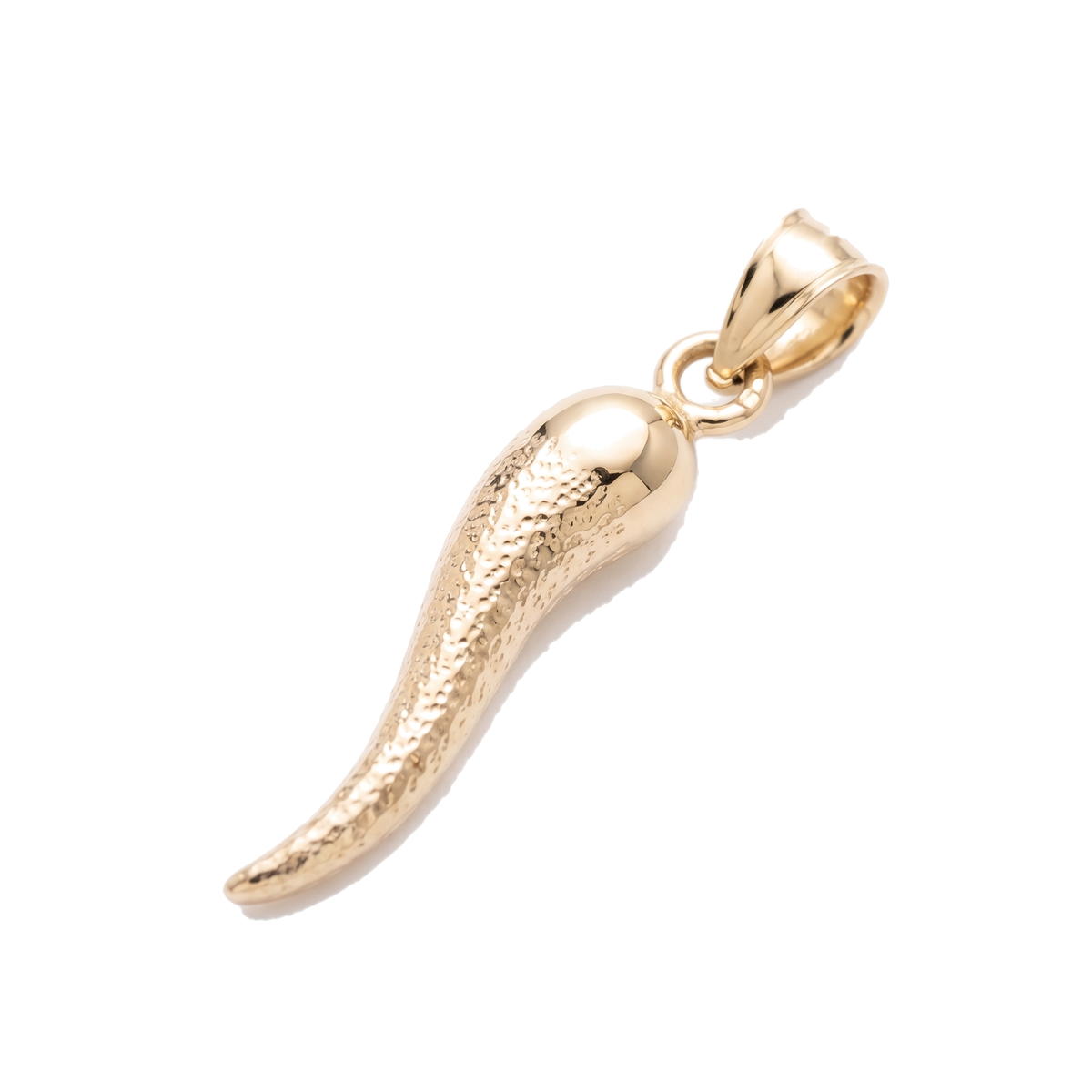 Close-up of the hammered texture and polished crown on the 10K gold Italian horn pendant