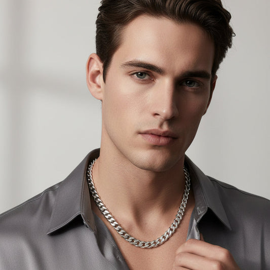 Sterling Silver Italian Solid Heavy Rhodium-Plated Sterling Silver Super Flat Curb Chain. 10mm 23"