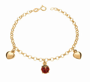 Yellow Gold Kids Bracelet with Heart and Lady bug charms, 18k, 5 1/2 to 6 Inches Adjustable, 2.39gr