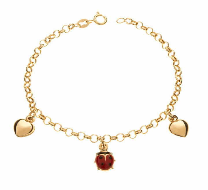 18K Yellow Gold Kids Bracelet with Heart and Lady bug charms 5 1/2 to 6" Adjustable 2.39gr