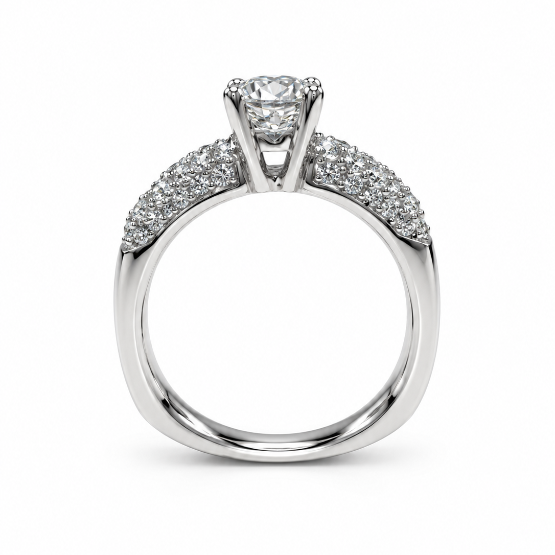 18K White Gold Round Diamond Solitaire Ring Pavé Shoulders
