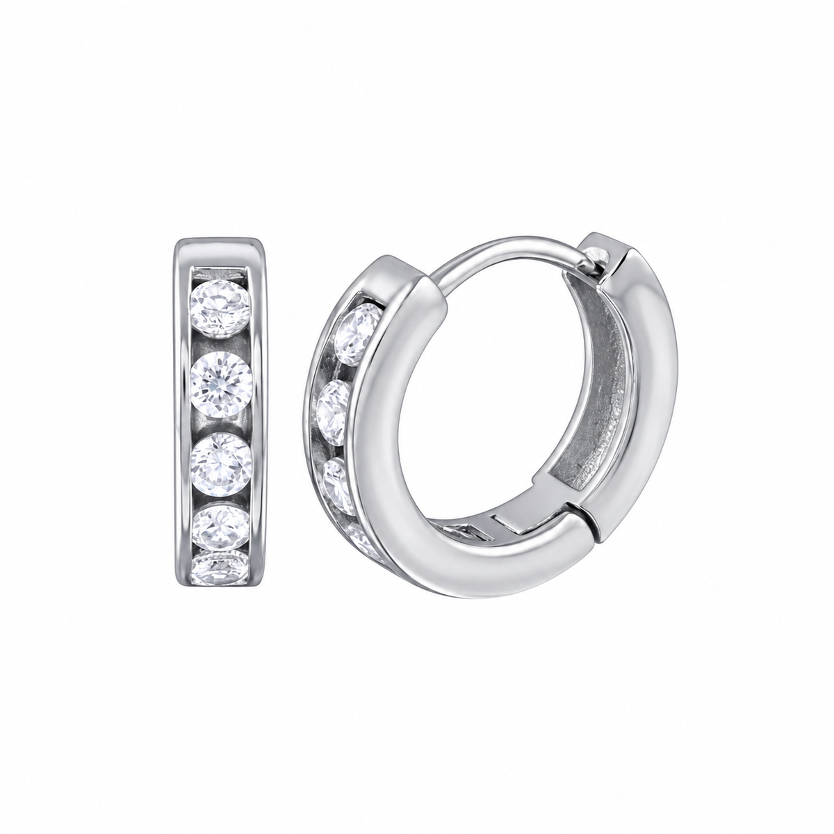925 Sterling Silver Rhodium Plated Channel CZ Huggie Earrings