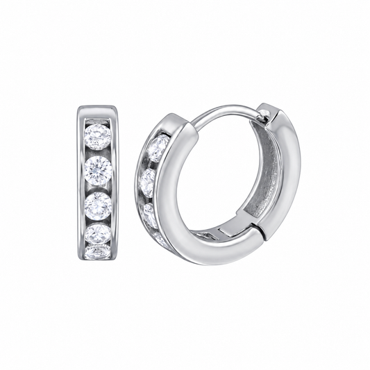 925 Sterling Silver Rhodium Plated Channel CZ Huggie Earrings