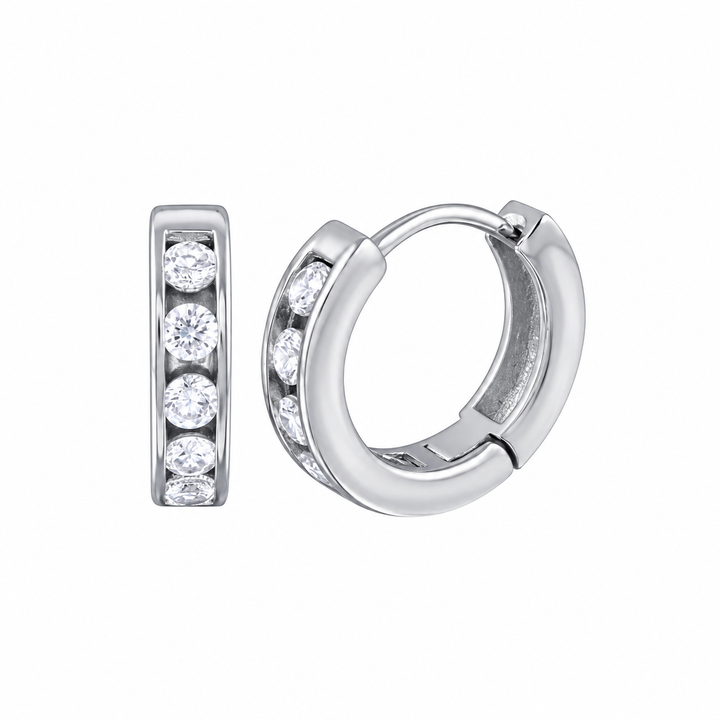 925 Sterling Silver Rhodium Plated Channel CZ Huggie Earrings