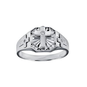 Silver Rhodium Plated Square Ring with Cross on setting