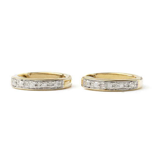 Yellow Gold Hoop Earrings setting with Natural Diamonds, 10k, TDW:0.06ct, H, I