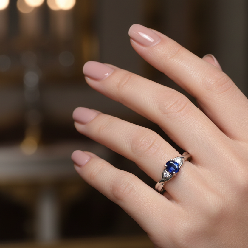 10K White Gold Ring with Oval Sapphire and Diamonds. S: 0.30ct TDW: 0.04ct