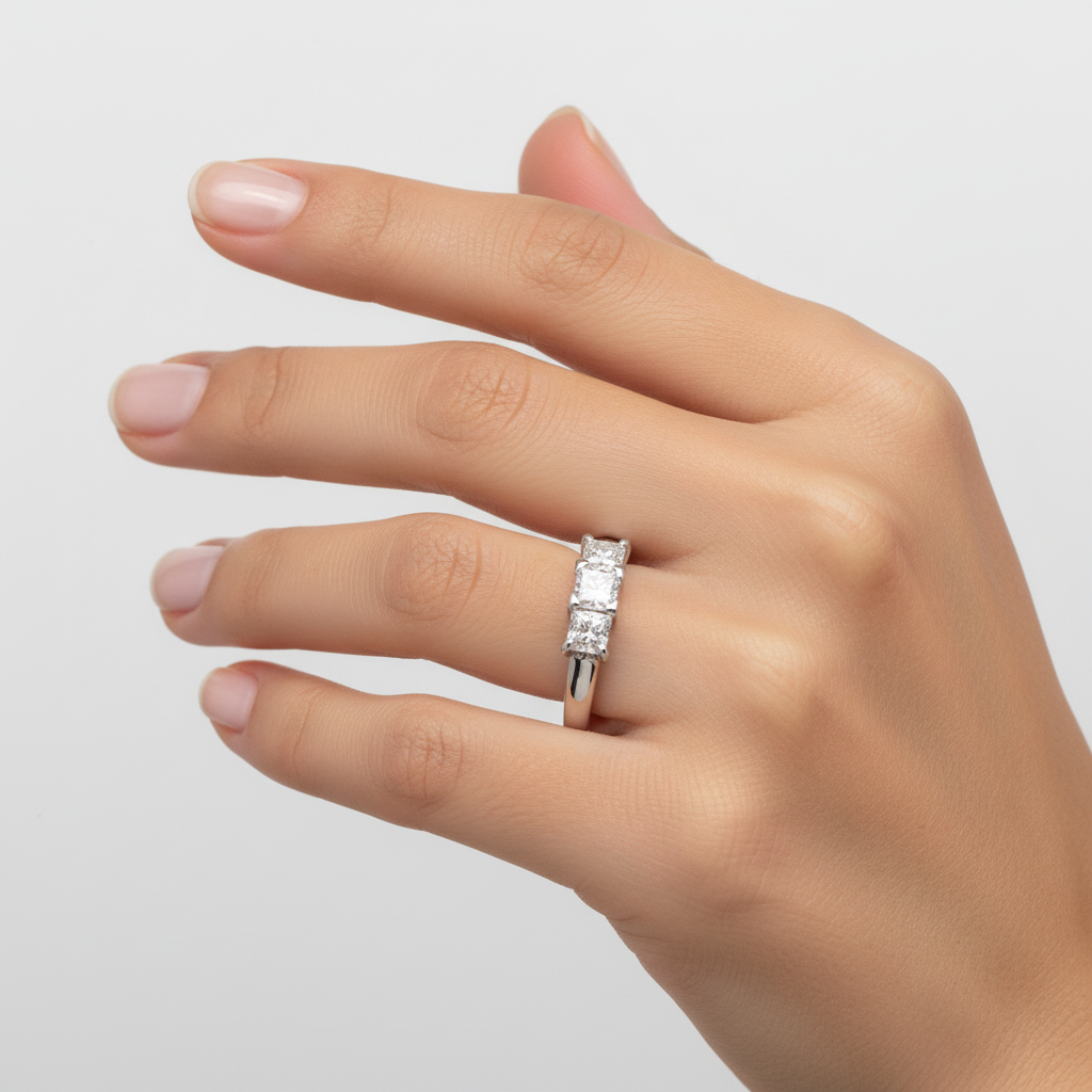 White Gold Triple Princess Cut Diamond Ring. 14k,TDW: 1ct,  SI, GH