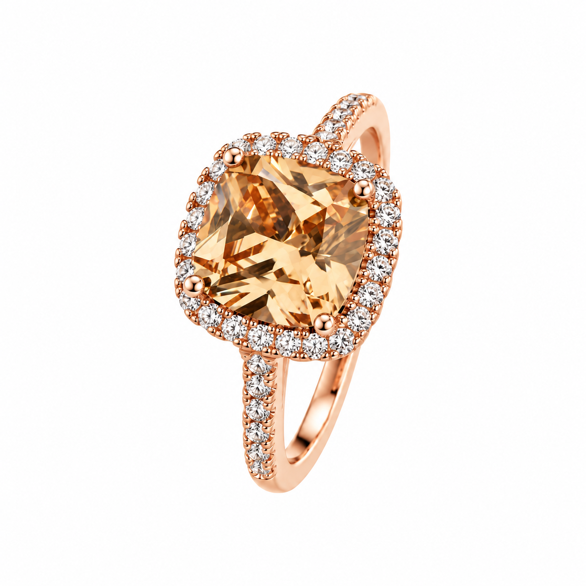 925 Sterling Silver Rose Gold Plated Cushion Champagne CZ Halo Ring