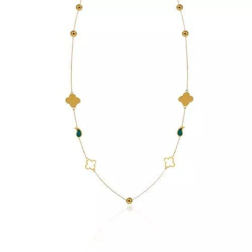 Yellow Gold Long Station Necklace with Flowers and balls, 18k, 6.43gr