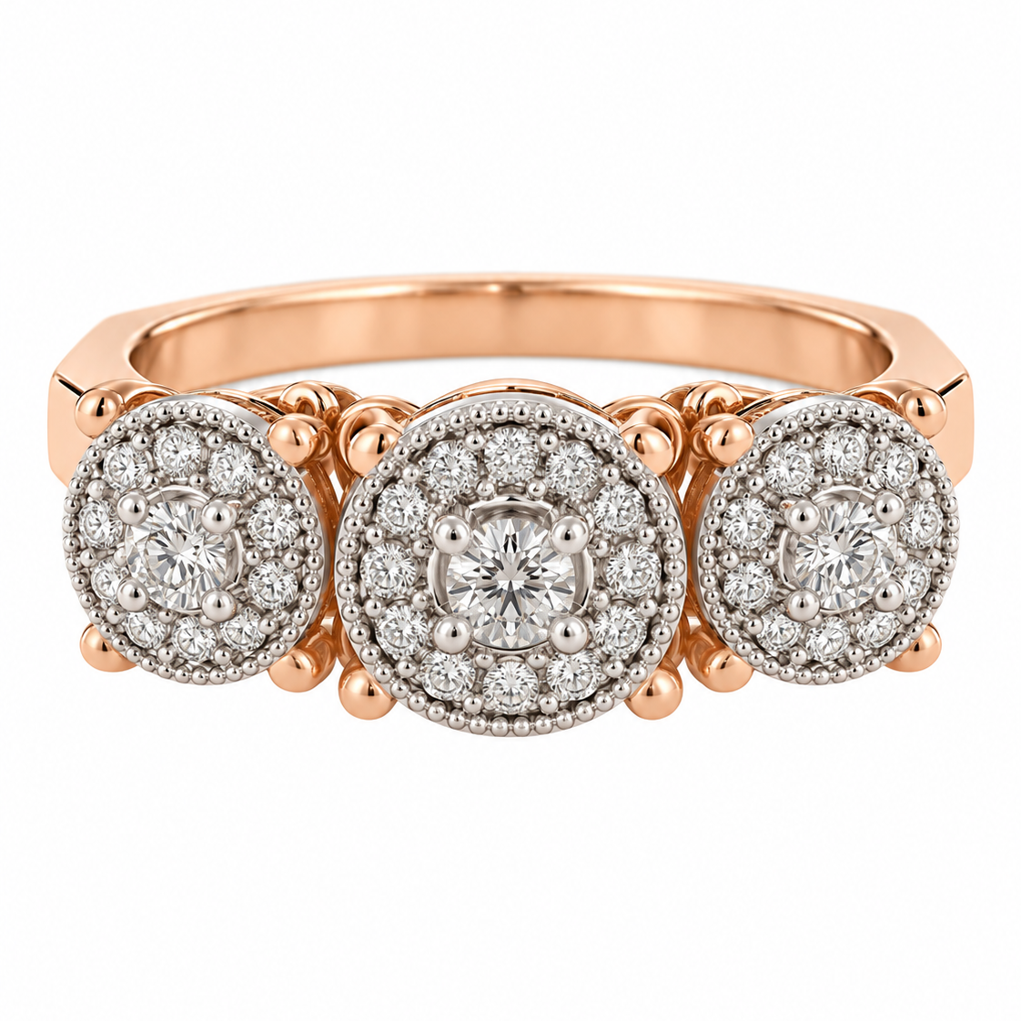 18K Rose Gold Two-Tone Three-Stone Oval Diamond Cluster Ring