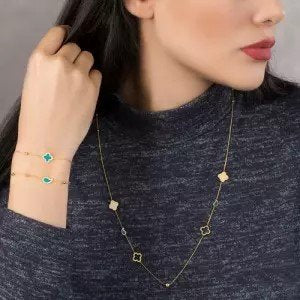 Yellow Gold Long Station Necklace with Flowers and balls, 18k, 6.43gr
