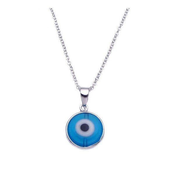 Rhodium Plated Silver Blue Evil Eye Necklace