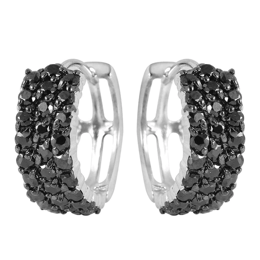 Silver huggie hoop Earrings  with Black CZ