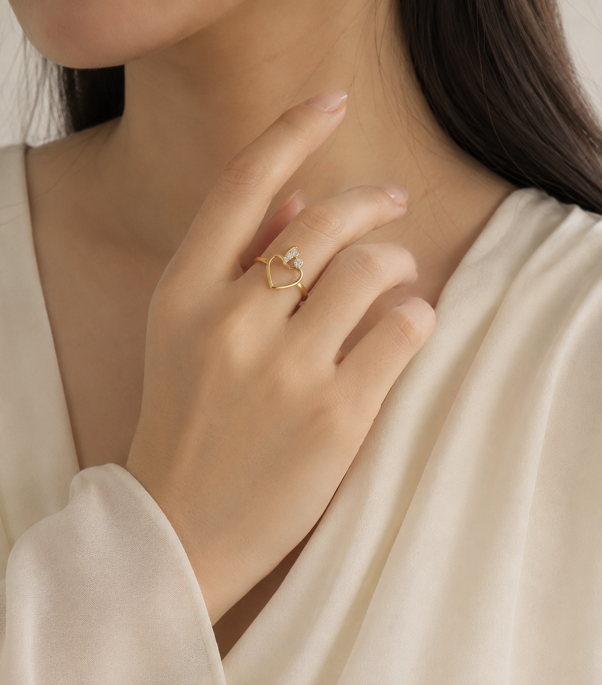14K Yellow Gold Heart with Three Diamonds Ring, TDW: 0.12ct SI GH