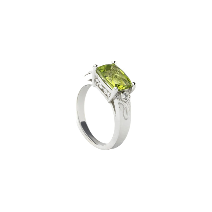 14K White Gold Peridot and Two-Diamond Ring