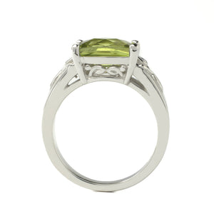 White Gold Ring setting with one Peridot and two Natural Diamonds on side, TDW: 0.02ct, GH, I,14k