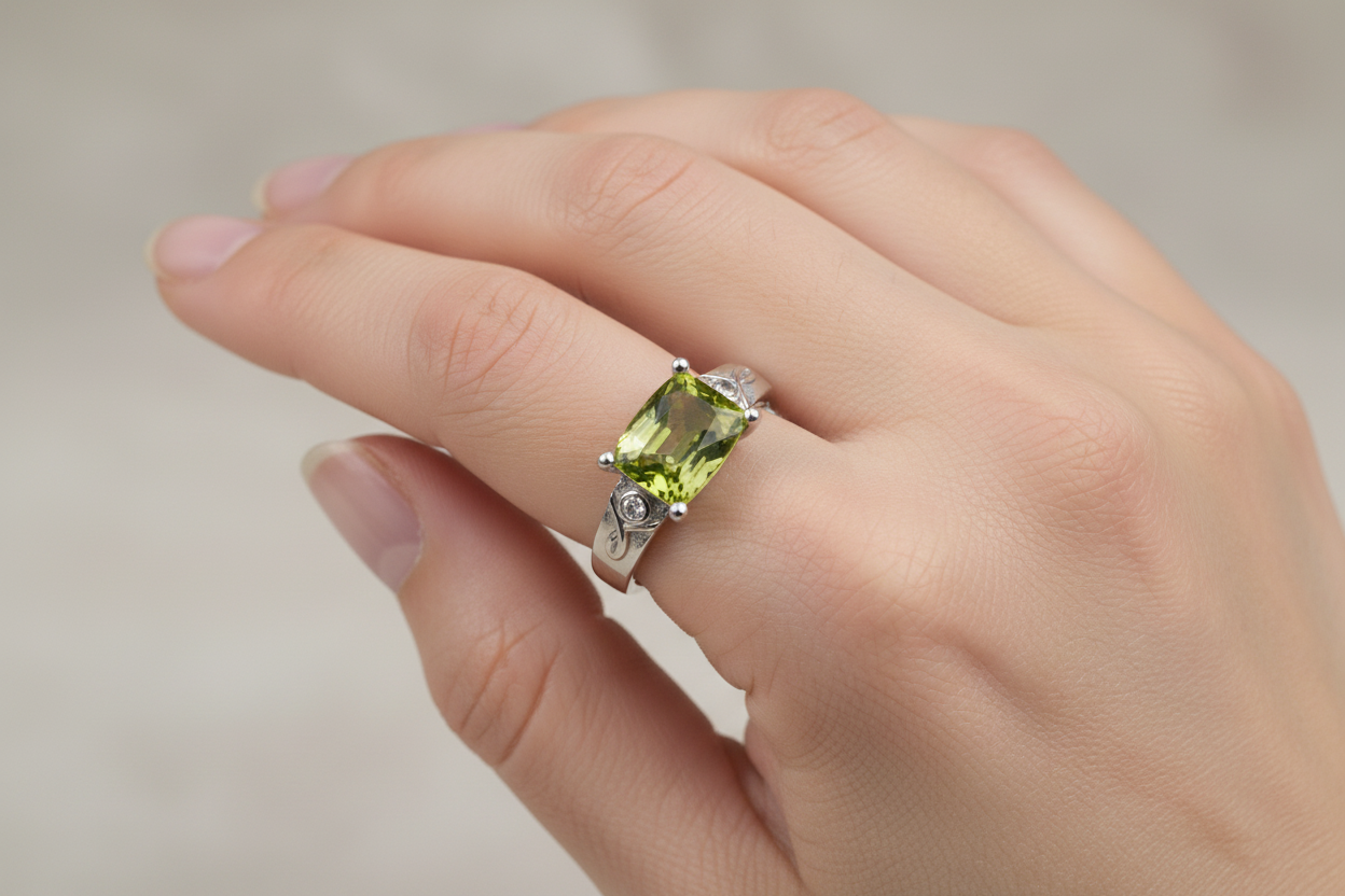 White Gold Ring setting with one Peridot and two Natural Diamonds on side, TDW: 0.02ct, GH, I,14k