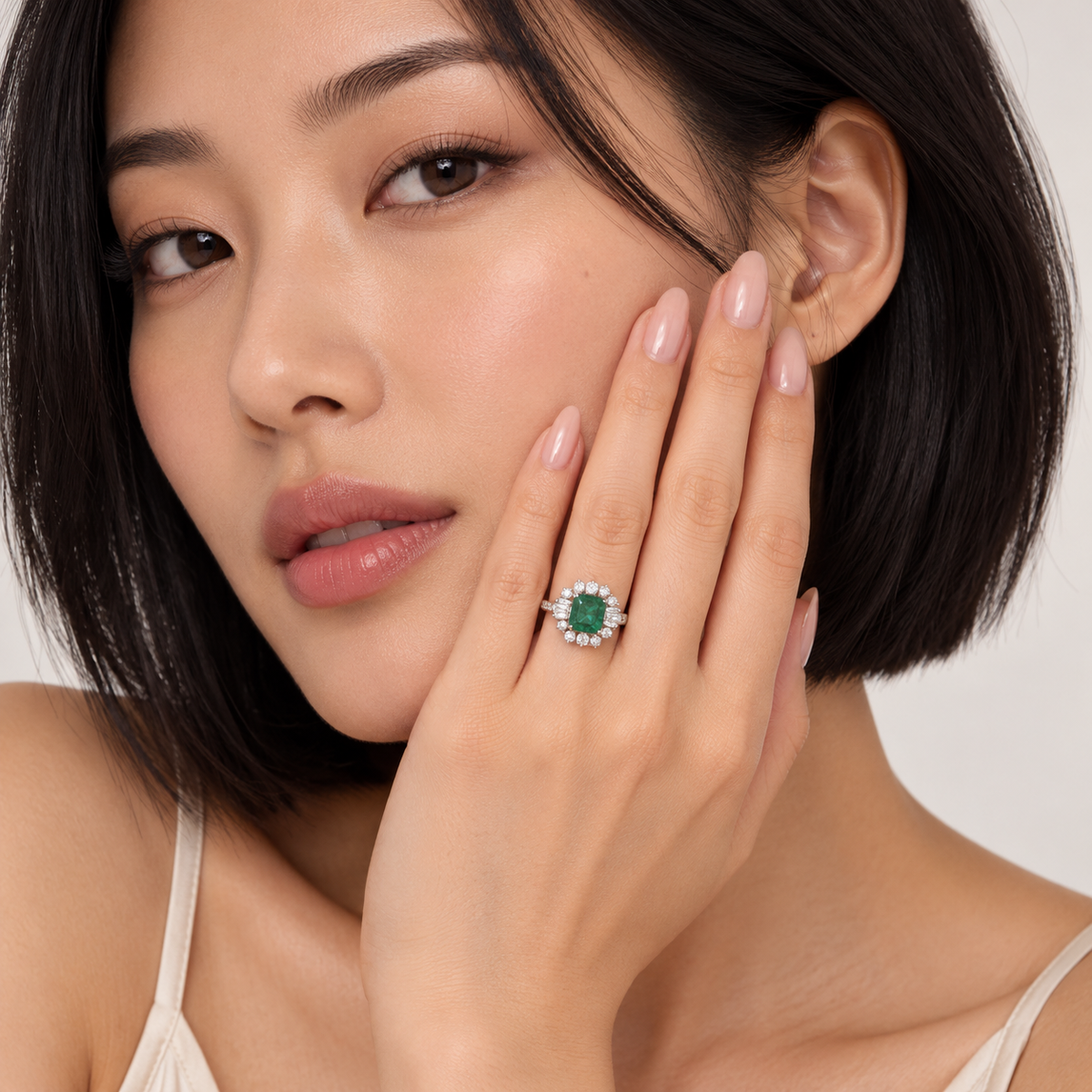 900 Platinum Vintage Emerald-Cut Emerald Diamond Halo Cluster Ring