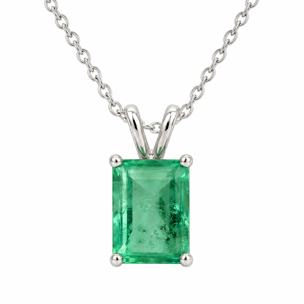 14K White Gold Emerald-Cut Emerald Four-Prong Solitaire Pendant