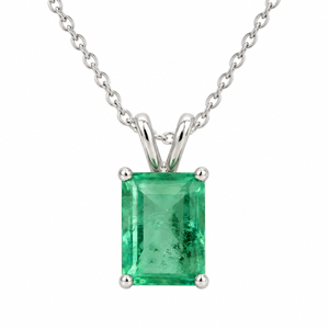 14K White Gold Emerald-Cut Emerald Four-Prong Solitaire Pendant