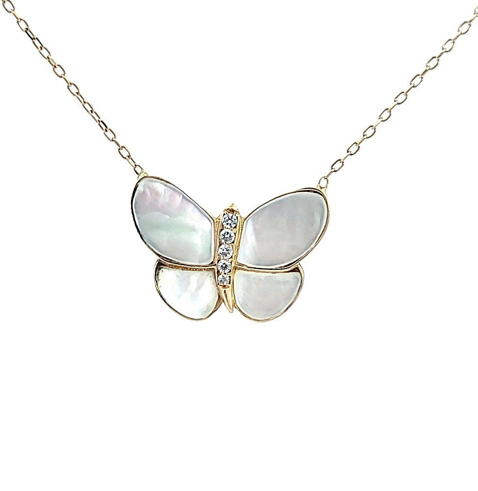 Yellow Gold Mother of Pearl and CZ Butterfly Necklace. 18k 3.7gr