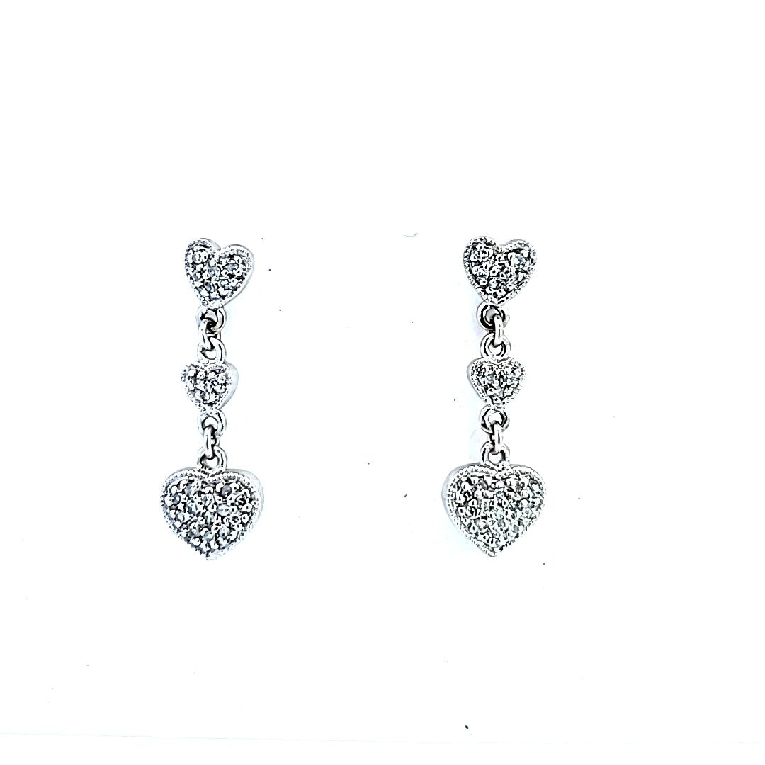 White Gold Triple Heart Diamond Earrings. 14k, 2.12gr, TDW:0.2ct