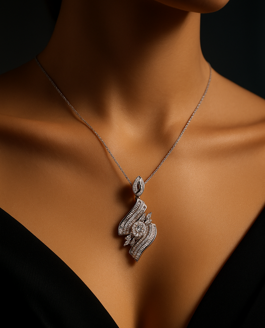 Radiance in Motion: The Diamond Flame Pendant setting Diamonds and CZ. 18k, Centre: 1.5ct CZ, TDW: 3.5ct, VS2-SI1, FG.