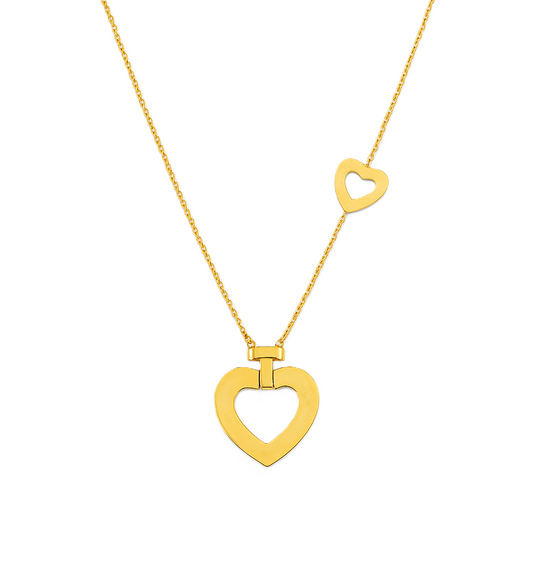 Yellow Gold Heart Necklace with one Big Heart and one small heart on side, 18k, 5.3gr