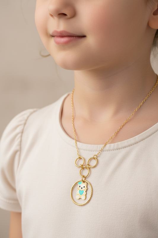 Yellow Gold Kids Necklace with little Kitty, 18k, 2.29gr