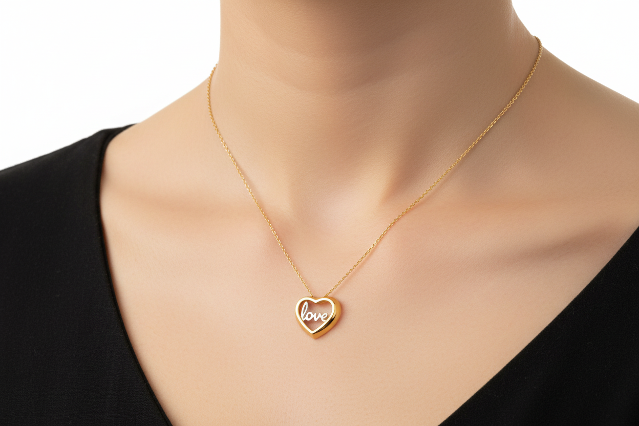 18K Yellow Gold Heart Necklace with White Gold LOVE word inside 4.13gr