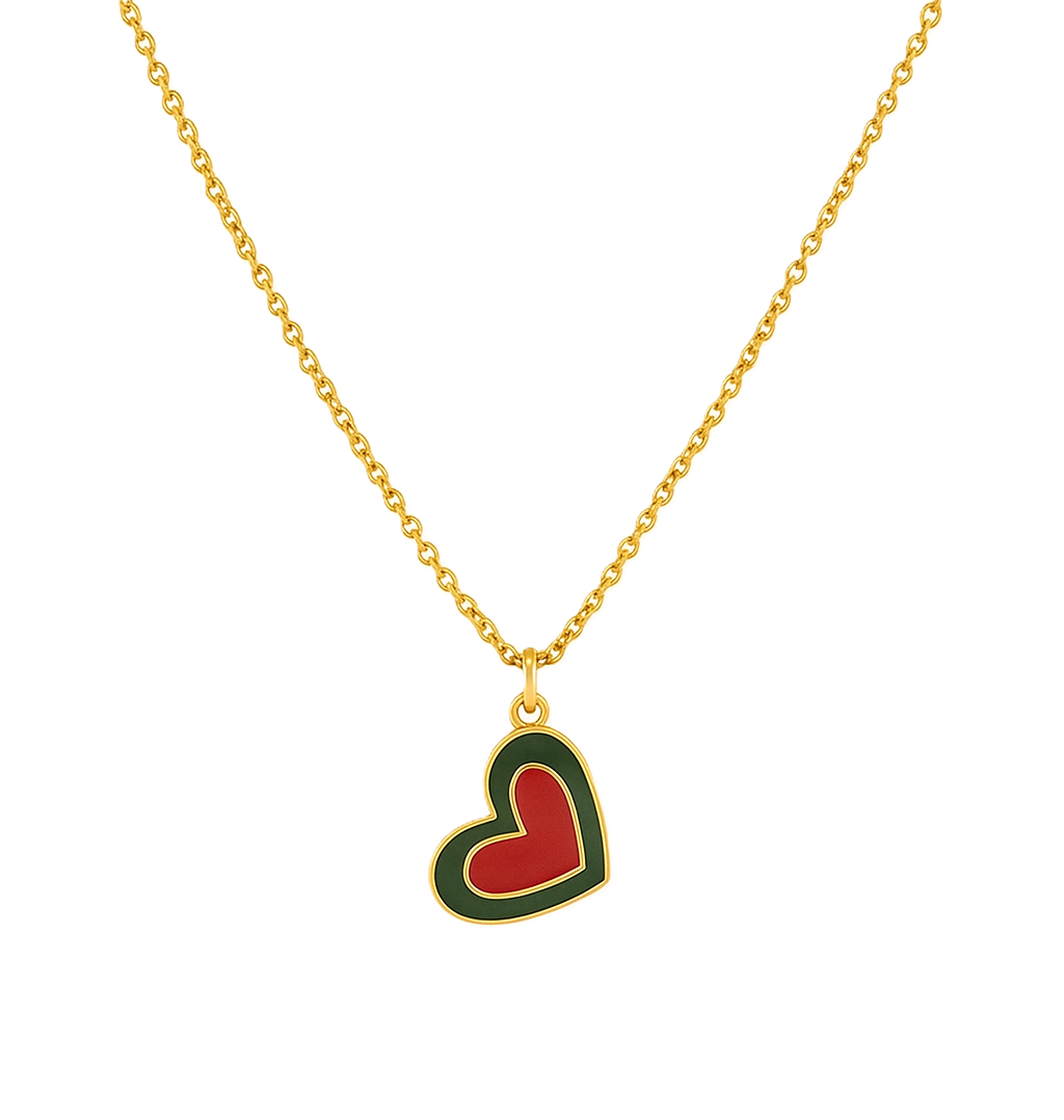 Yellow Gold Heart Necklace with Red and Green Enamel, 18k, 1.9gr