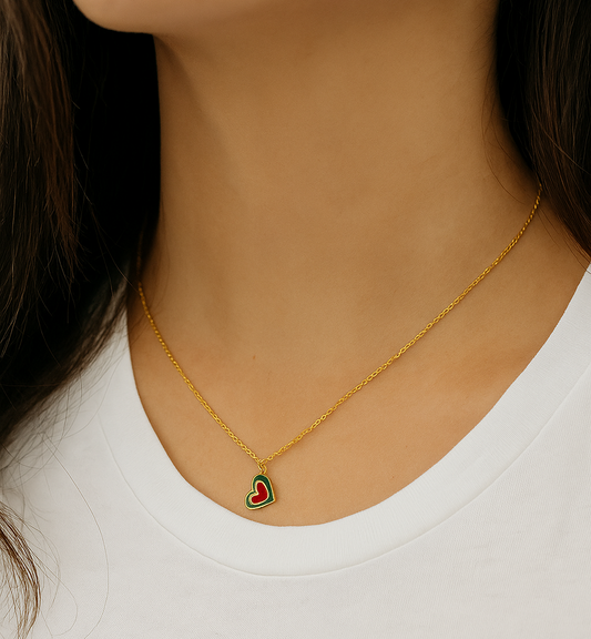 Yellow Gold Heart Necklace with Red and Green Enamel, 18k, 1.9gr
