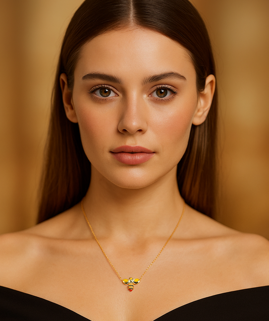 Yellow Gold Honey Glow Bee Charm Necklace with Yellow and black Enamel 18k ,3.11gr