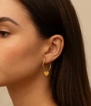 Yellow Gold Hoop Sleepers Earrings with a Dangling Heart. 18k 1.5gr