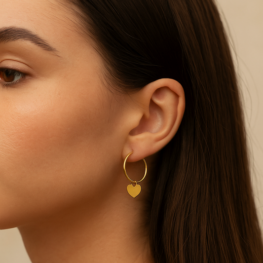 18K Yellow Gold Hoop Sleepers Earrings with a Dangling Heart
