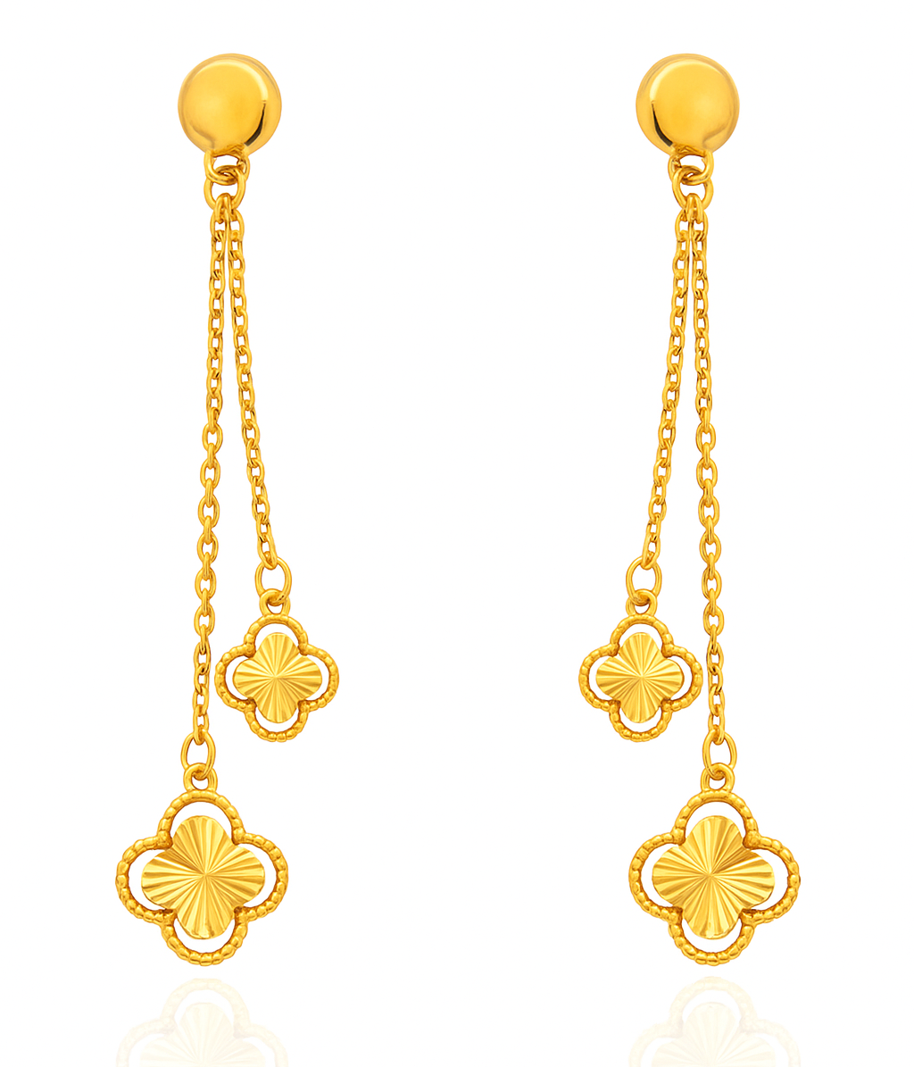 Yellow Gold Dangling Earrings with two chain and Flowers, 18k, 1.97gr