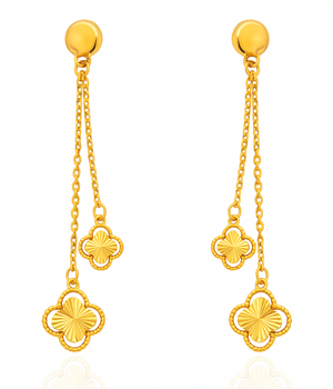 Yellow Gold Dangling Earrings with two chain and Flowers, 18k, 1.97gr