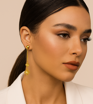 Yellow Gold Dangling Earrings with two chain and Flowers, 18k, 1.97gr