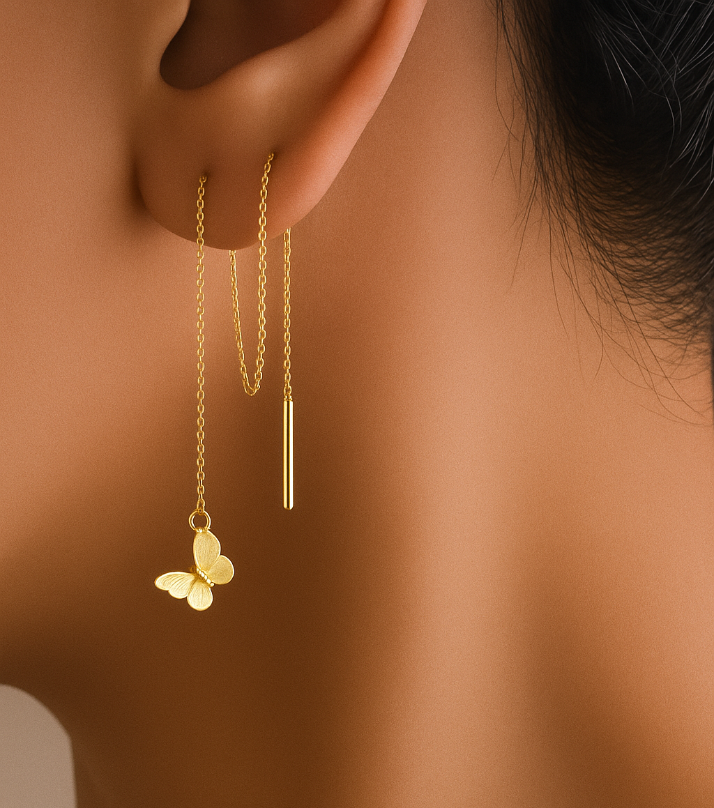 Yellow Gold Long Stitch Earrings with one Clover, 18k, 2.06gr