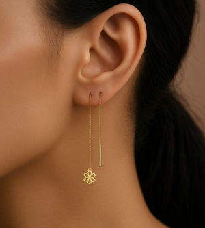 Yellow Gold  Stitch Earrings with long chain and one heart, 18k , 1.73gr