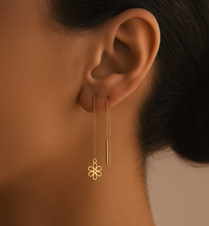 Yellow Gold  Stitch Earrings with long chain and one heart, 18k , 1.73gr