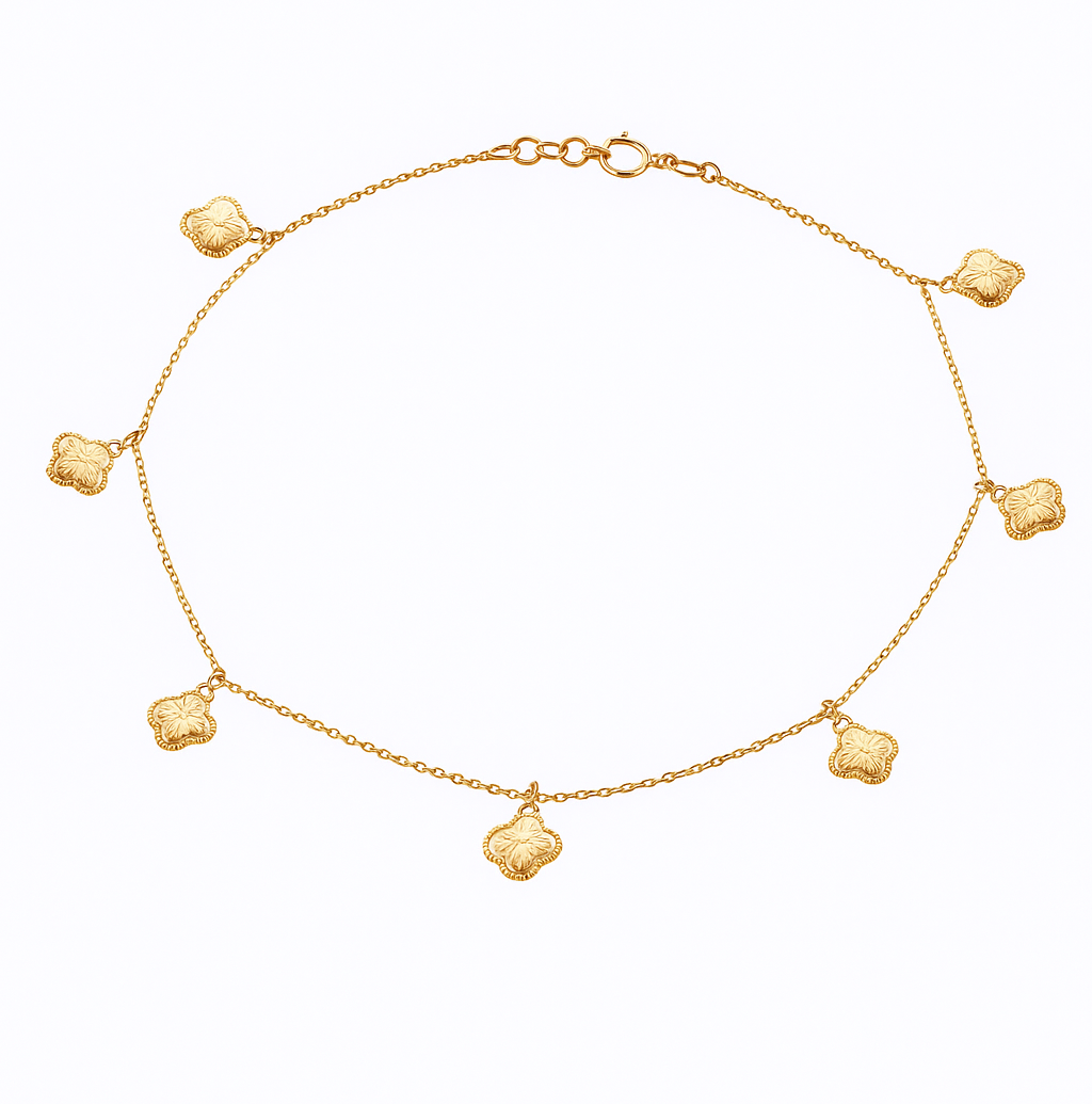 Yellow Gold Station Anklet with dangling Flowers, 18k, 2.8gr