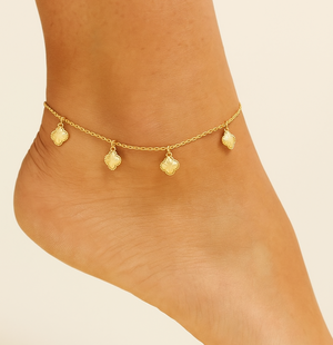 Yellow Gold Station Anklet with dangling Flowers, 18k, 2.8gr
