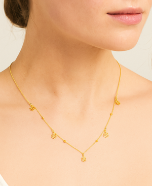 Yellow Gold Station Necklace with Flowers and Ball, 18k, 3.44gr