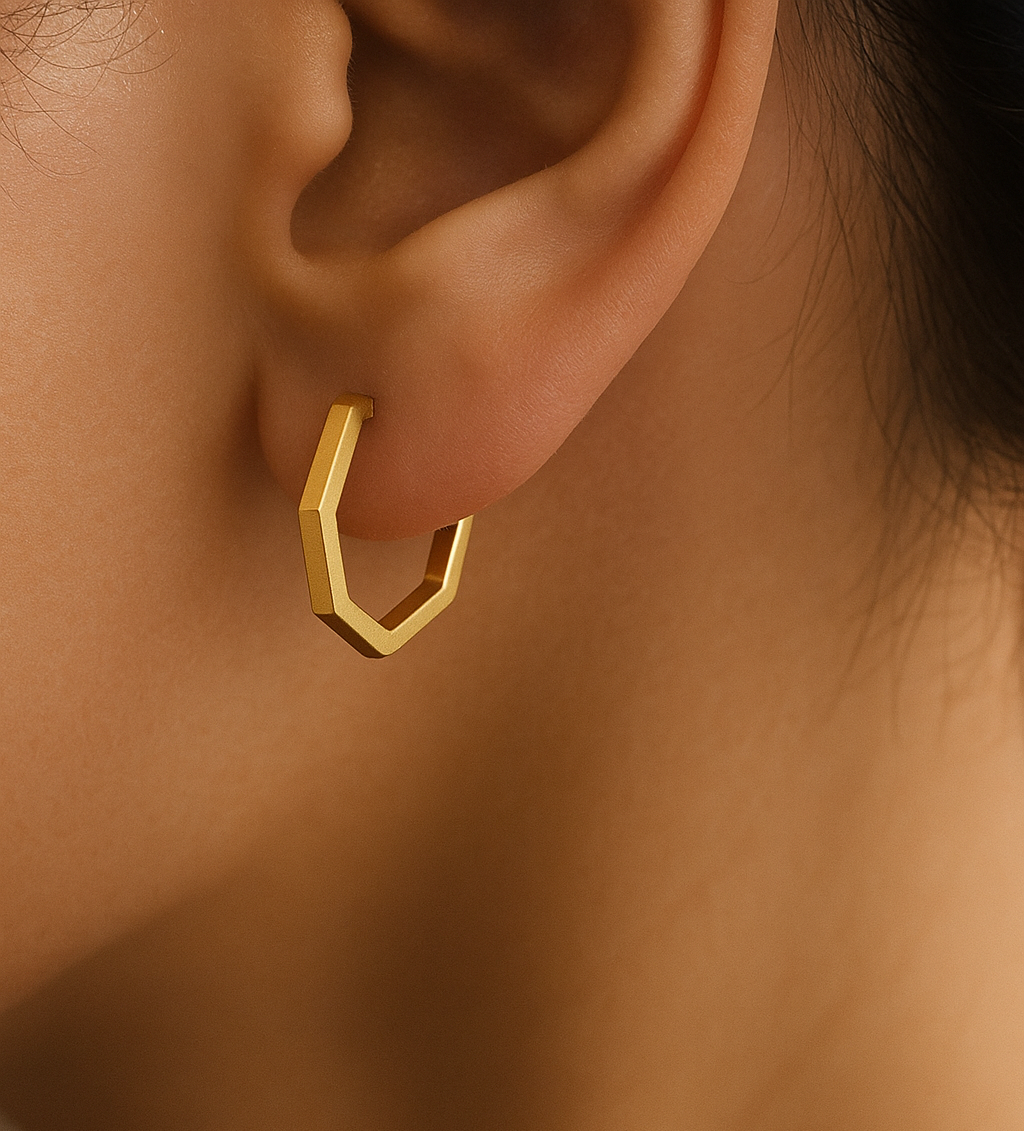 Yellow Gold Hexagon Earrings, 18k, 2.15gr